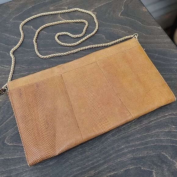 Vtg yellow tan reptile leather envelope crossbody purse - Picture 11 of 16
